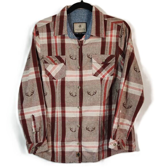 LEGENDARY WHITETAILS Cotton Flannel Large Women's Burgundy Plaid Button Up Shirt - Picture 1 of 5
